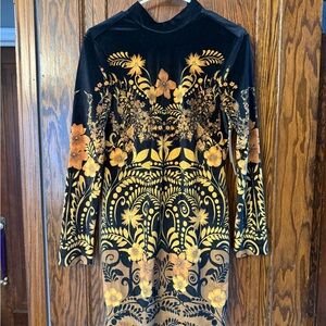 Anthropologie Black and Gold Floral Mini Dress